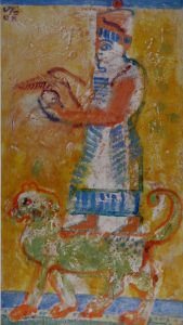 Sonnengott Khald auf Löwen (Erebuni, Urartu) 2008, 57 x 102 cm